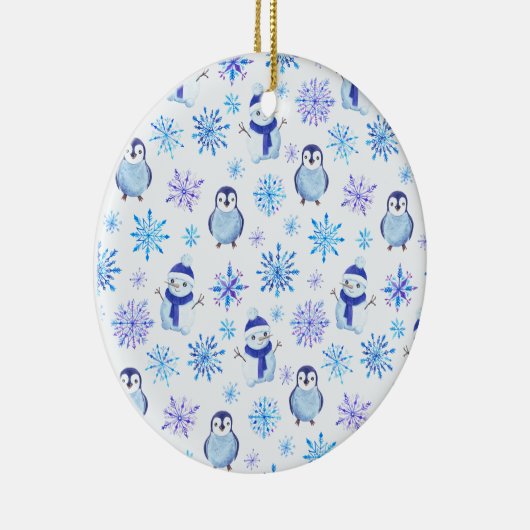 Weihnachtsschneeflocken, Schneemänner und Pinguine Keramik Ornament (Rechts)