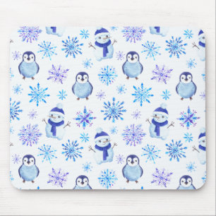 Weihnachtsschneeflocken, Schneemänner und Pinguine Mousepad