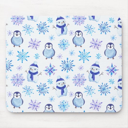 Weihnachtsschneeflocken, Schneemänner und Pinguine Mousepad (Vorne)