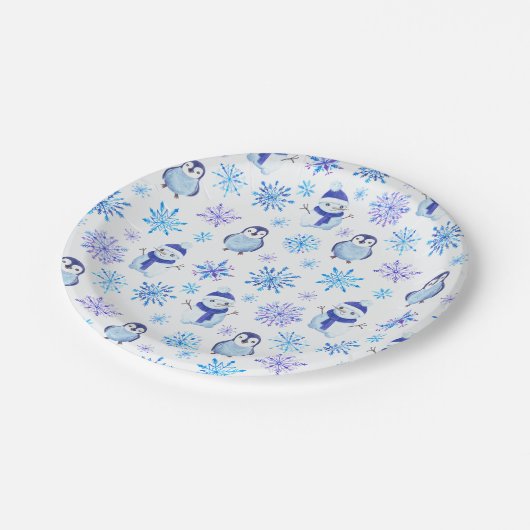 Weihnachtsschneeflocken, Schneemänner und Pinguine Pappteller (Schrägansicht)