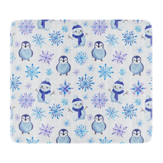 Weihnachtsschneeflocken, Schneemänner und Pinguine Schneidebrett (Vorderseite)