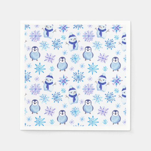 Weihnachtsschneeflocken, Schneemänner und Pinguine Serviette (Vorderseite)