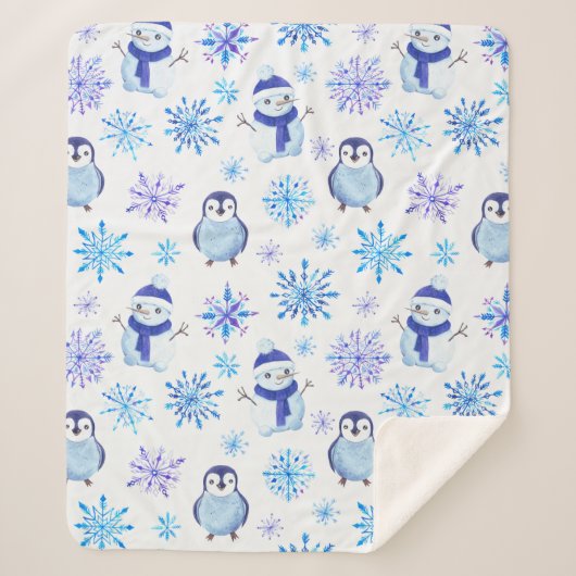 Weihnachtsschneeflocken, Schneemänner und Pinguine Sherpadecke (Vorderseite)