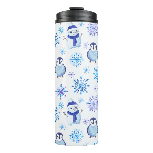 Weihnachtsschneeflocken, Schneemänner und Pinguine Thermosbecher (Vorderseite)