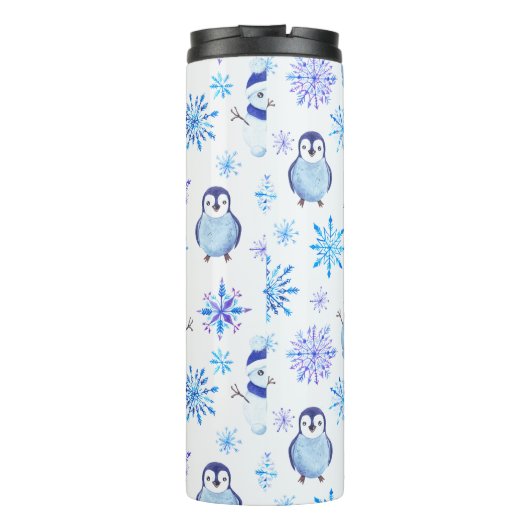 Weihnachtsschneeflocken, Schneemänner und Pinguine Thermosbecher (Rückseite)