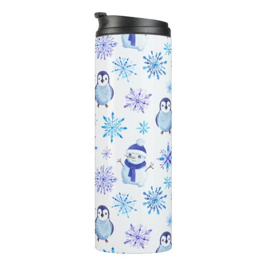Weihnachtsschneeflocken, Schneemänner und Pinguine Thermosbecher (Nach rechts gedreht)