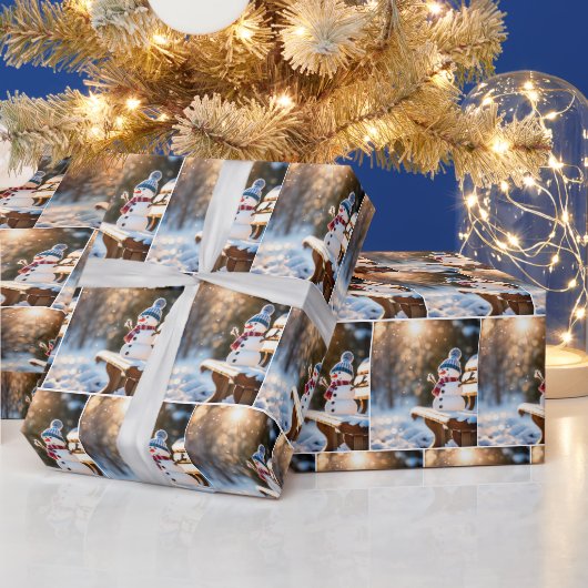 Weihnachtsschneemann auf einer Parkbank Geschenkpapier (Feiertage)