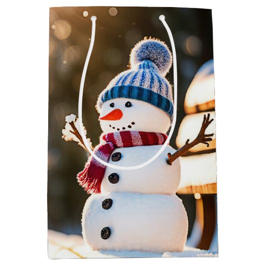 Weihnachtsschneemann auf einer Parkbank Mittlere Geschenktüte (Vorderseite)