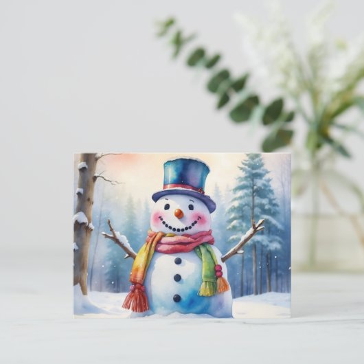 Weihnachtsschneemann im Winterwald Feiertagspostkarte (Stehend Vorderseite)