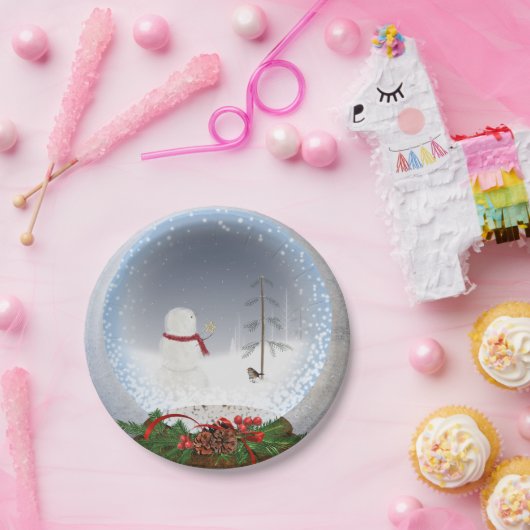 Weihnachtsschneemann in der Schneekugel Pappteller (Party)