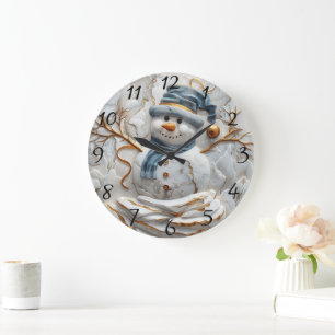 Weihnachtsschneemann in Schneeflocken Große Wanduhr