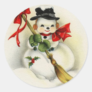 Weihnachtsschneemann mit Besen im Vintage-Stil Runder Aufkleber