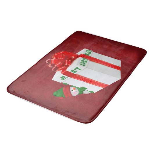 Weihnachtsschneemann mit Geschenk Badematte (Schrägansicht)