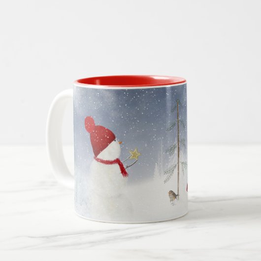 Weihnachtsschneemann mit Goldstar Zweifarbige Tasse (Vorderseite Links)