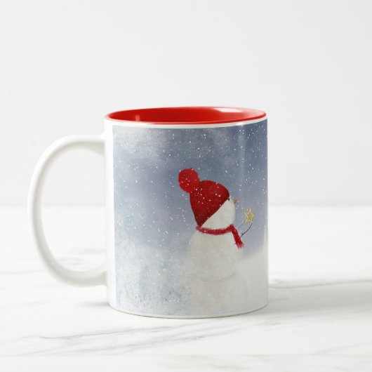 Weihnachtsschneemann mit Goldstar Zweifarbige Tasse (Links)