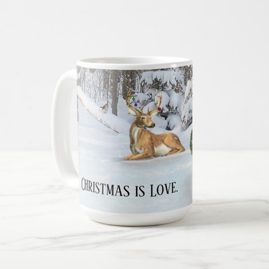 Weihnachtsschneemann mit Hirsch im Winterwald Kaffeetasse (Vorderseite Links)