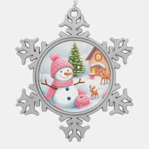 Weihnachtsschneemann mit Hirschen in einem Winterw Schneeflocken Zinn-Ornament