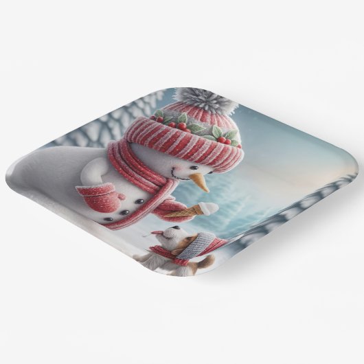 Weihnachtsschneemann mit Hund Pappteller (Gewinkelt)