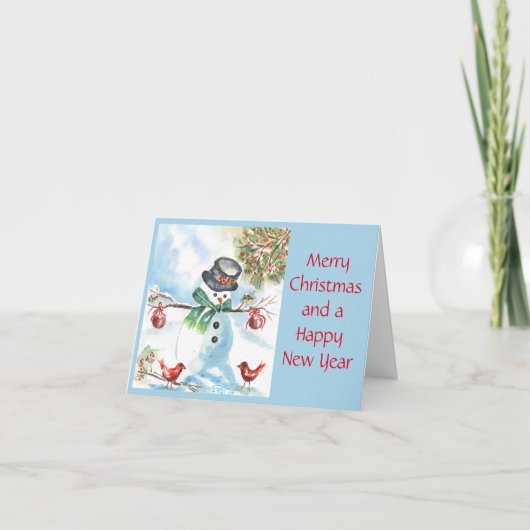 Weihnachtsschneemann mit Kardinälen Feiertagskarte (Vorderseite)