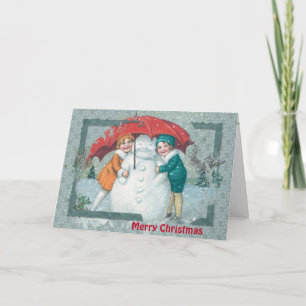 Weihnachtsschneemann mit Kindern im Vintage-Stil Feiertagskarte