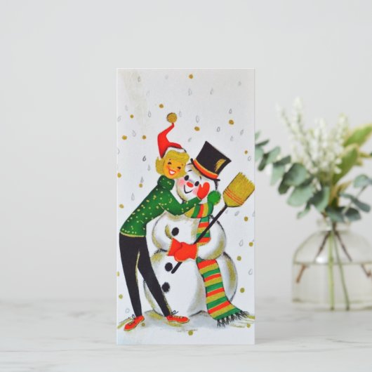 Weihnachtsschneemann mit Mädchen Feiertagskarte (Stehend Vorderseite)