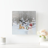 WeihnachtsSchneemann mit Rotwild im Winterholz Quadratische Wanduhr (Zuhause)