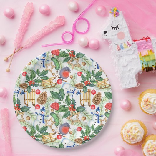 Weihnachtsschneemann, Pine Cones, Holly, Sled, Sta Pappteller (Party)