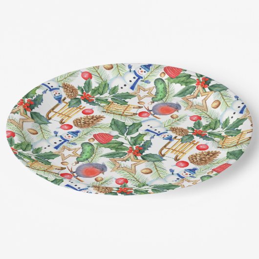 Weihnachtsschneemann, Pine Cones, Holly, Sled, Sta Pappteller (Schrägansicht)