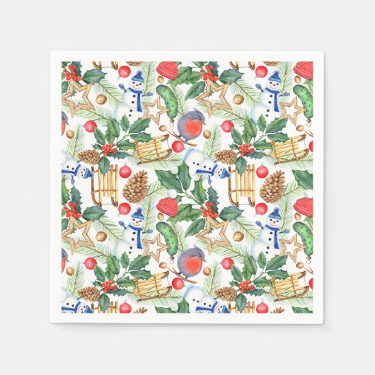 Weihnachtsschneemann, Pine Cones, Holly, Sled, Sta Serviette (Vorderseite)