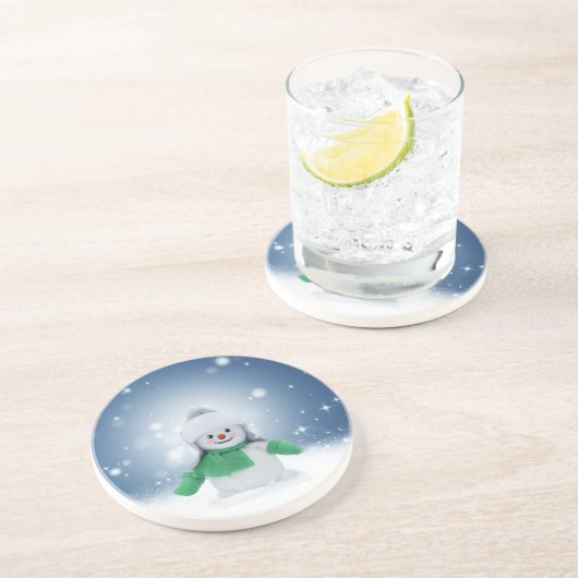 Weihnachtsschneemann SlipperyJoe grüner Schal m Getränkeuntersetzer (Seite)