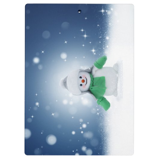 Weihnachtsschneemann SlipperyJoe grüner Schal m Klemmbrett (Rückseite)