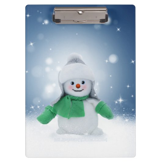 Weihnachtsschneemann SlipperyJoe grüner Schal m Klemmbrett (Vorderseite)