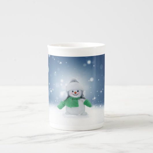 Weihnachtsschneemann SlipperyJoe grüner Schal m Porzellantasse (Vorderseite)