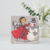 Weihnachtsschneemann tanzen mit Mädchen Feiertagskarte (Stehend Vorderseite)