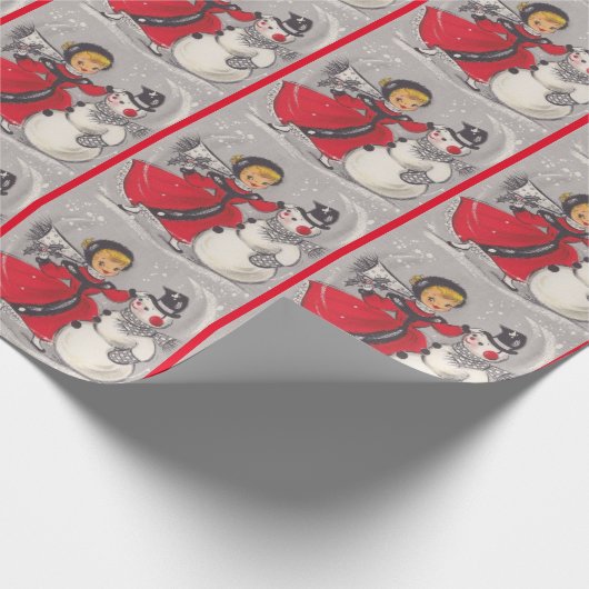 Weihnachtsschneemann tanzen mit Mädchen Geschenkpapier (Ecke)