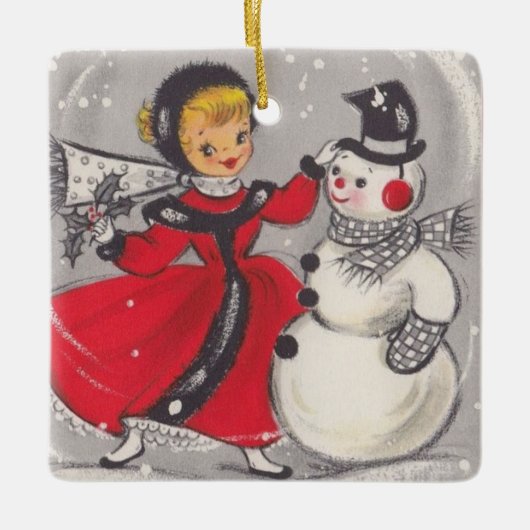 Weihnachtsschneemann tanzen mit Mädchen Keramikornament (Vorderseite)