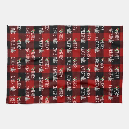 Weihnachtsschneemann und Baum auf Buffalo Kariert Geschirrtuch (Horizontal)