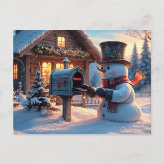 Weihnachtsschneemann und die Mailbox Postkarte (Vorderseite)