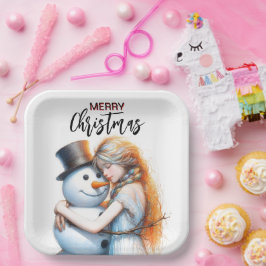 Weihnachtsschneemann und ein Mädchen Pappteller