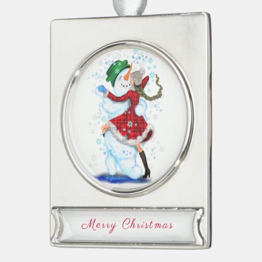 Weihnachtsschneemann und Girl Dance Banner-Ornament Silber (Links)