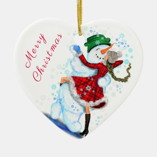 Weihnachtsschneemann und Girl Dance Keramik Ornament (Vorne)