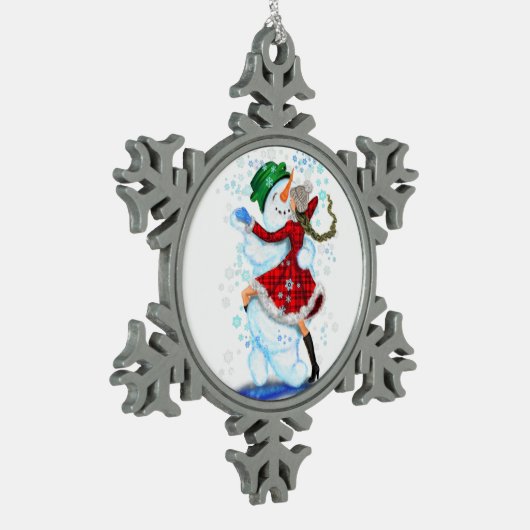Weihnachtsschneemann und Girl Dance Schneeflocken Zinn-Ornament (Links)