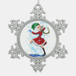 Weihnachtsschneemann und Girl Dance Schneeflocken Zinn-Ornament