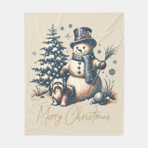 Weihnachtsschneemann und Hund Fleecedecke