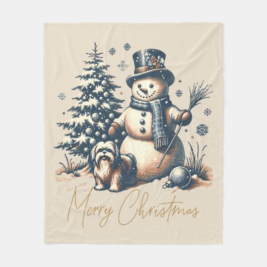 Weihnachtsschneemann und Hund Fleecedecke (Vorderseite)