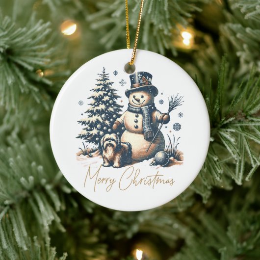 Weihnachtsschneemann und Hund Keramik Ornament (Baum)