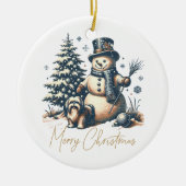 Weihnachtsschneemann und Hund Keramik Ornament (Vorne)