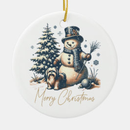 Weihnachtsschneemann und Hund Keramik Ornament