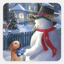 Weihnachtsschneemann und Hund Quadratischer Aufkleber