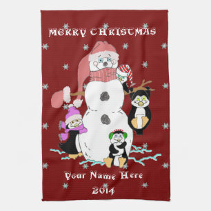 Weihnachtsschneemann und Pinguine Personalisiertes Küchentuch
